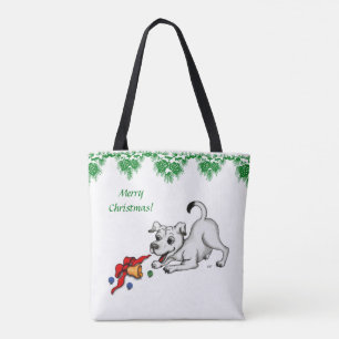 Vrolijk kerstfeest! Puppy met Bell en Ball Tote Bag