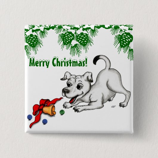 Vrolijk kerstfeest! Puppy met Bell en Ball Vierkante Button 5,1 Cm (Voorkant)