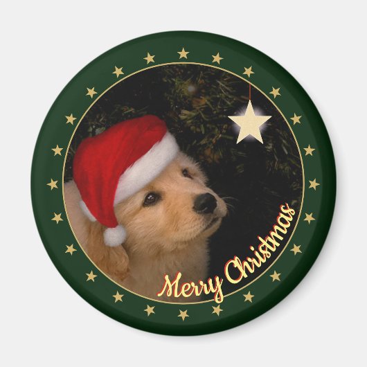 "Vrolijk kerstfeest"-puppy met Santa Hat Magneet (Voorkant)