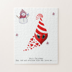 Vrolijk kerstfeest Puzzle Kerstmis Snowman Hearts Legpuzzel