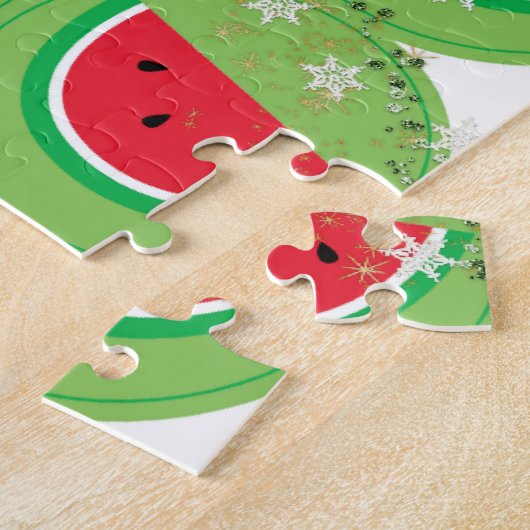 Vrolijk kerstfeest Puzzle Watermelon White Bow Legpuzzel (Zijkant)