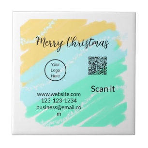 Vrolijk Kerstfeest QR code business geel groen wat Tegeltje