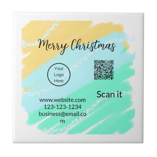 Vrolijk Kerstfeest QR code business geel groen wat Tegeltje (Voorkant)