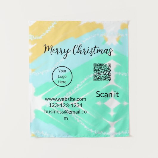 Vrolijk Kerstfeest QR code business geel groen wat Wandkleed (Voorkant)