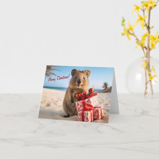 Vrolijk Kerstfeest Quokka op het strand met Cadeau Kaart (Gele Bloem)