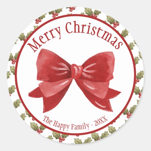 Vrolijk Kerstfeest Red Bow Botanische Bessen Ronde Sticker (Voorkant)