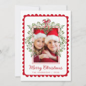 Vrolijk Kerstfeest Red Bow Greenery Waterverf Foto Feestdagenkaart (Voorkant)
