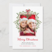 Vrolijk Kerstfeest Red Bow Greenery Waterverf Foto Feestdagenkaart (Voorkant)