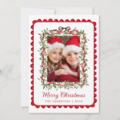 Vrolijk Kerstfeest Red Bow Greenery Waterverf Foto Feestdagenkaart (Voorkant)