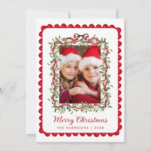 Vrolijk Kerstfeest Red Bow Greenery Waterverf Foto Feestdagenkaart (Voorkant)