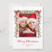 Vrolijk Kerstfeest Red Bows Greenery Waterverf Fot Feestdagenkaart (Voorkant)