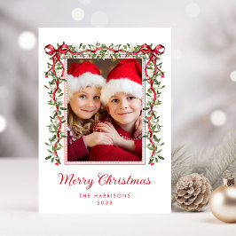 Vrolijk Kerstfeest Red Bows Greenery Waterverf Fot Feestdagenkaart