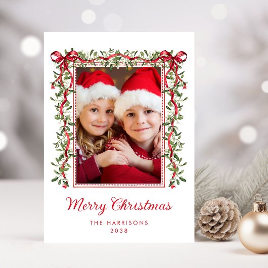 Vrolijk Kerstfeest Red Bows Greenery Waterverf Fot Feestdagenkaart