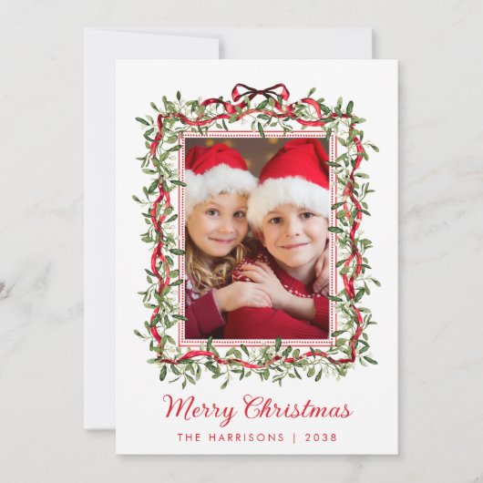 Vrolijk Kerstfeest Red Bows Greenery Waterverf Fot Feestdagenkaart (Voorkant)