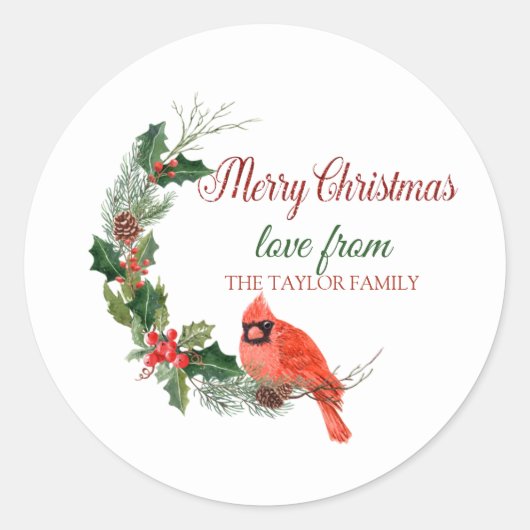 Vrolijk kerstfeest, Red Cardinaal Bird Holly Berry Ronde Sticker (Voorkant)