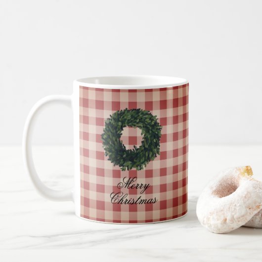 Vrolijk kerstfeest Red Gingham Pset Wreath Koffiemok (Met donut)
