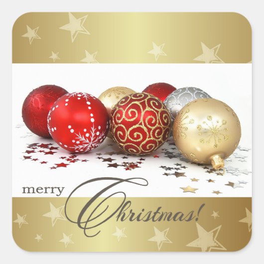 Vrolijk kerstfeest. Red Gold Baubles Vierkante Sticker (Voorkant)