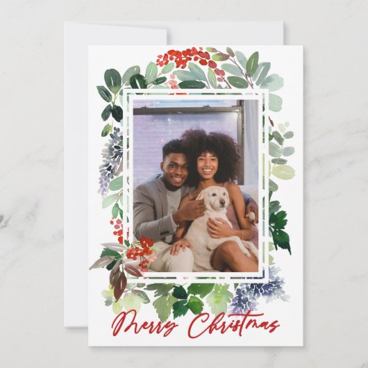 Vrolijk Kerstfeest Red Holly ingelijst Foto Vakant Feestdagenkaart (Voorkant)