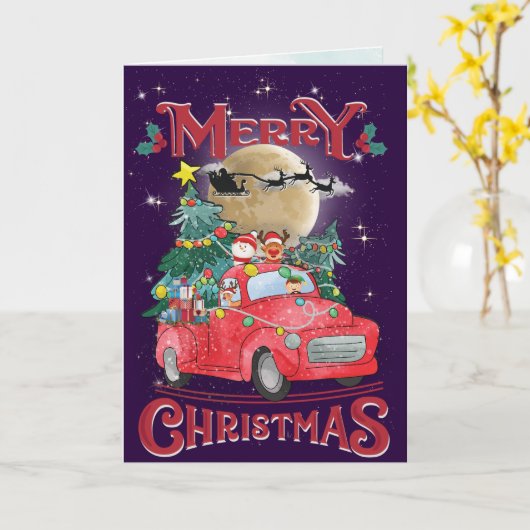 Vrolijk kerstfeest  Red Santa Truck Kaart (Gele Bloem)