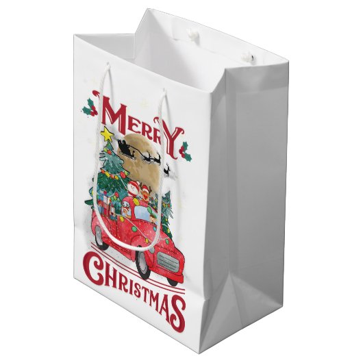 Vrolijk kerstfeest  Red Santa Truck Medium Cadeauzakje (Voorkant Gekanteld)