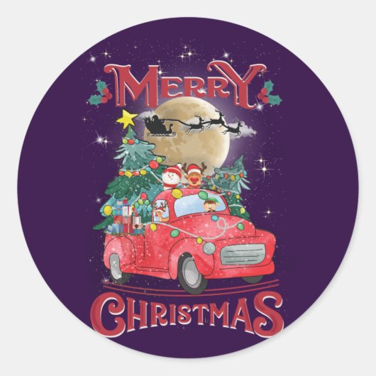 Vrolijk kerstfeest  Red Santa Truck Ronde Sticker (Voorkant)