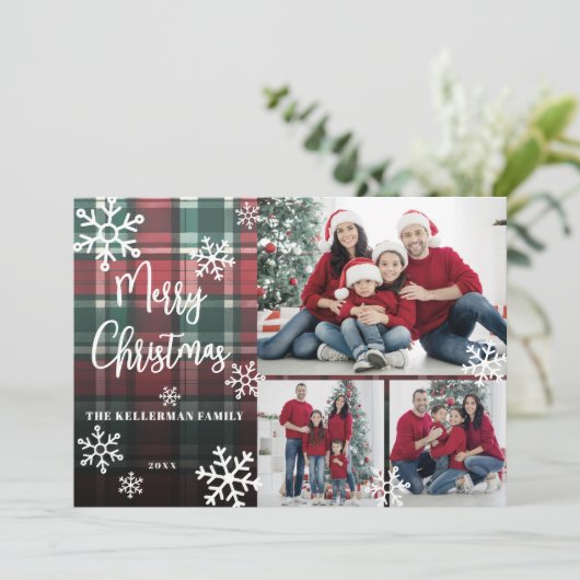 Vrolijk Kerstfeest Red Tartan Foto Feestdagenkaart (Staand voorkant)