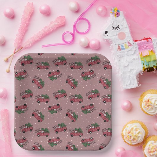 Vrolijk kerstfeest  Red Truck Papieren Bordje (Feest)