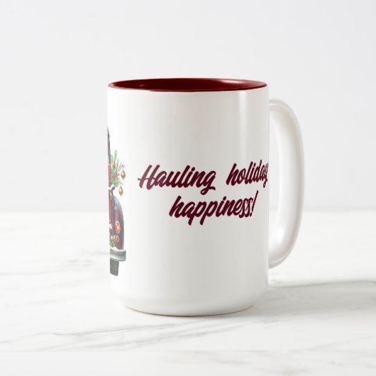 Vrolijk kerstfeest  Red Truck Tweekleurige Koffiemok (Voorkant rechts)