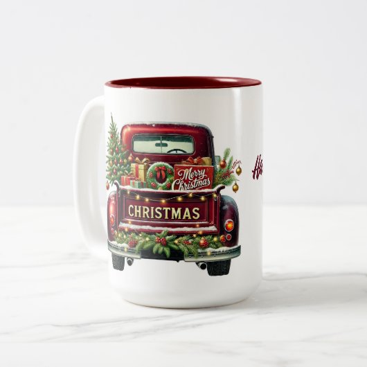 Vrolijk kerstfeest  Red Truck Tweekleurige Koffiemok (Voorkant links)
