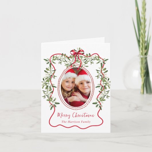 Vrolijk Kerstfeest Red Wavy Lijst Bow Greenery Fot Feestdagen Kaart (Voorkant)