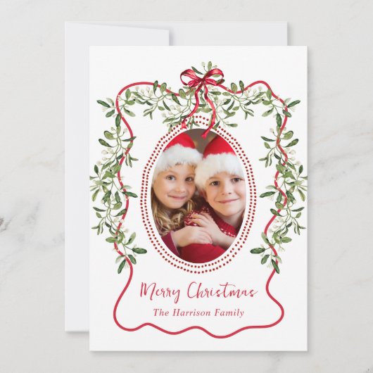 Vrolijk Kerstfeest Red Wavy Lijst Bow Greenery Fot Feestdagenkaart (Voorkant)