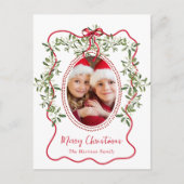 Vrolijk Kerstfeest Red Wavy Lijst Bow Greenery Fot Feestdagenkaart (Voorkant)