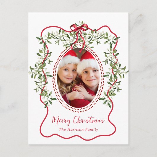Vrolijk Kerstfeest Red Wavy Lijst Bow Greenery Fot Feestdagenkaart (Voorkant)