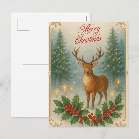 Vrolijk Kerstfeest  rendier, Holly Berry Feestdagenkaart (Voorkant / Achterkant)