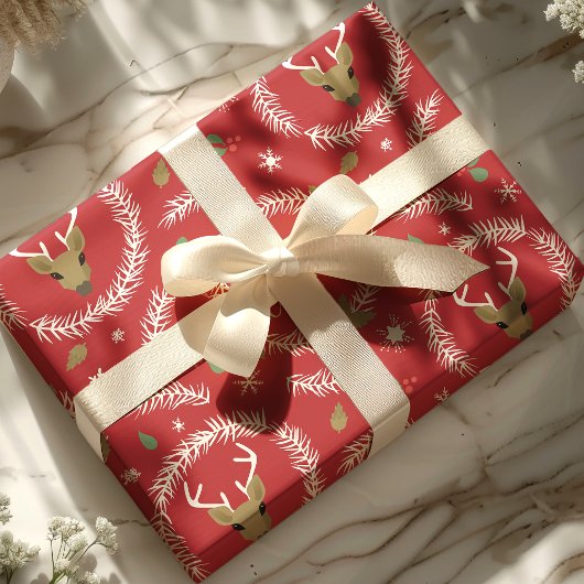 Vrolijk Kerstfeest Rendier Krans Vakantie Rood Cadeaupapier