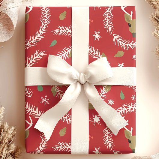 Vrolijk Kerstfeest Rendier Krans Vakantie Rood Cadeaupapier