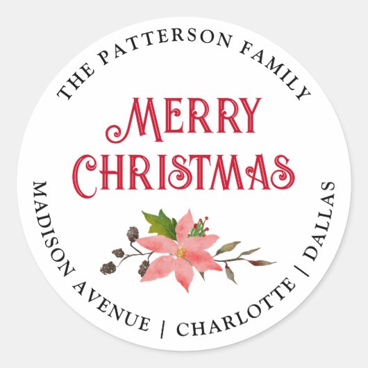 Vrolijk kerstfeest | Retouradres Poinsettia Floral Ronde Sticker (Voorkant)