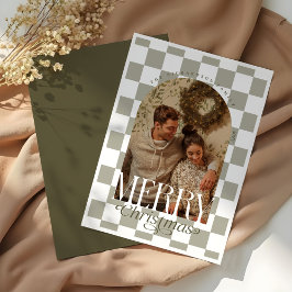 Vrolijk Kerstfeest Retro Checkerboard Boog Foto Feestdagenkaart