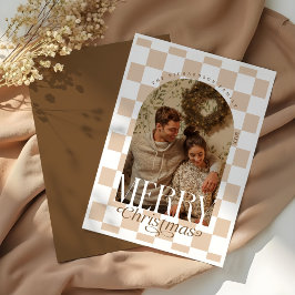 Vrolijk Kerstfeest Retro Checkerboard Boog Foto Feestdagenkaart