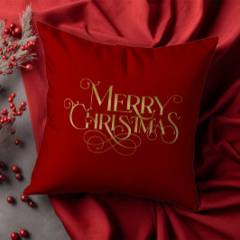 Vrolijk Kerstfeest Retro Gouden Typografie op Rood Kussen