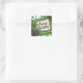 Vrolijk kerstfeest | Retro Holly en pijnbomen Vierkante Sticker (Tas)