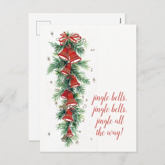 Vrolijk kerstfeest | Retro Jingle Bells & Pines Feestdagenkaart (Voorkant / Achterkant)