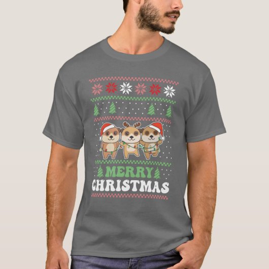 Vrolijk Kerstfeest Retro Lelijke Kerst Meerkat ret T-shirt (Voorkant)