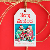 Vrolijk Kerstfeest Retro Red Script Vakantiefoto Cadeaulabel