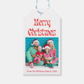 Vrolijk Kerstfeest Retro Red Script Vakantiefoto Cadeaulabel (Voorkant)