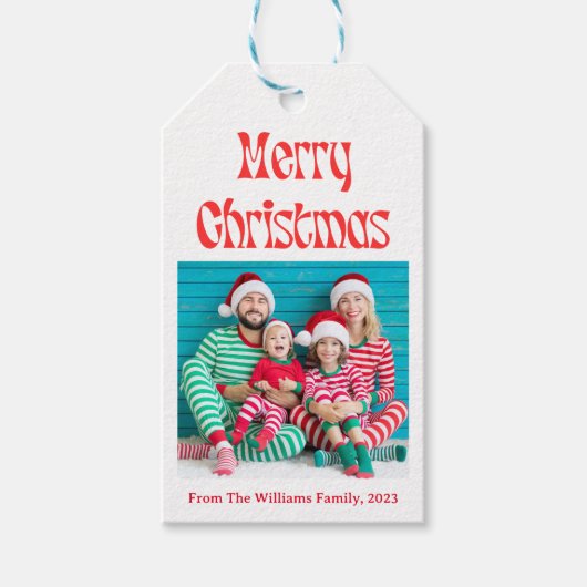 Vrolijk Kerstfeest Retro Red Script Vakantiefoto Cadeaulabel (Voorkant)