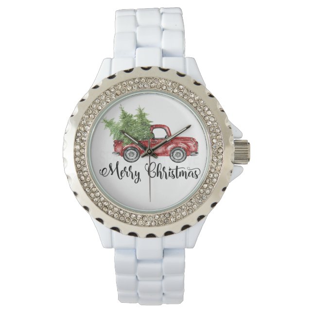 Vrolijk kerstfeest  Retro Red Truck Cute Face Horloge (Voorkant)