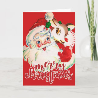 Vrolijk kerstfeest | Retro Santa Claus & Rudolf Feestdagen Kaart