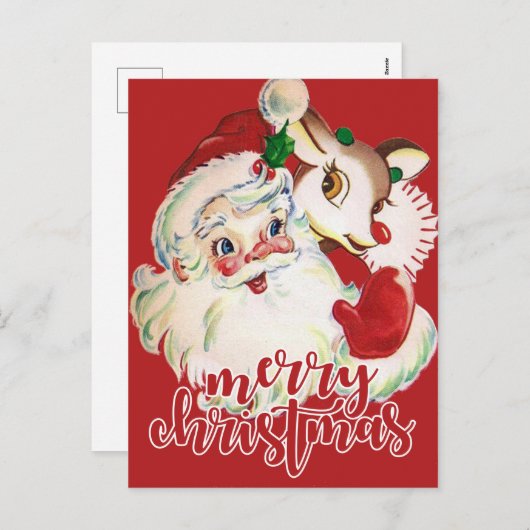 Vrolijk kerstfeest | Retro Santa Claus & Rudolf Feestdagenkaart (Voorkant / Achterkant)