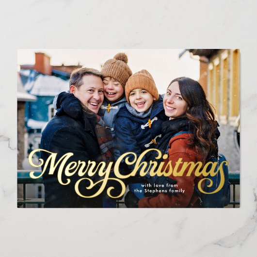 Vrolijk Kerstfeest retro script vier foto Folie Feestdagenkaart (Voorkant)